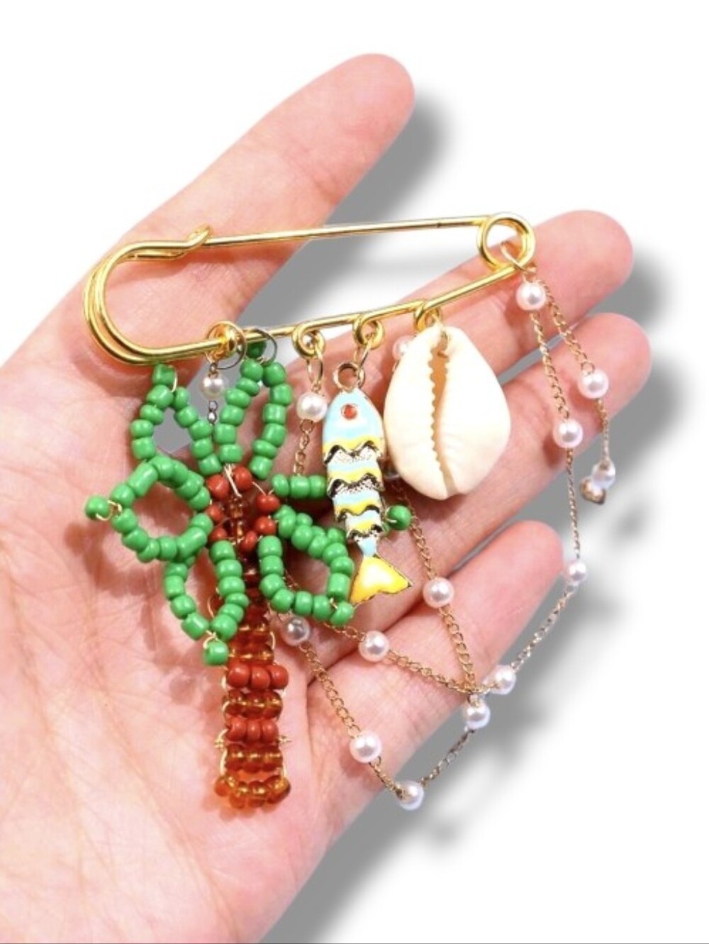 New! Beaded Palm Tree Cowrie Shell Safety Pin Brooch • NWOT 1055 - Picture 2 of 4